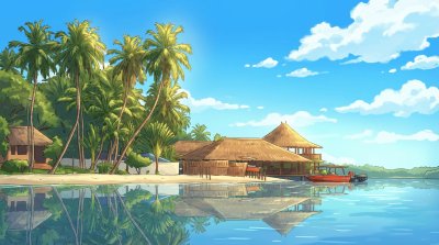 Plage tropicale africaine avec paillotes et cocotiers – Paysage paradisiaque en bord de mer