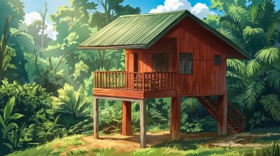 Maison sur pilotis en forêt tropicale – Habitat écologique et paysage naturel africain