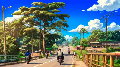 Scène de rue à Mbalmayo – Mobilité urbaine et paysage naturel au Cameroun