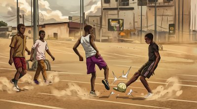 Football de rue à Yaoundé – Jeunes joueurs africains sur terrain urbain poussiéreux