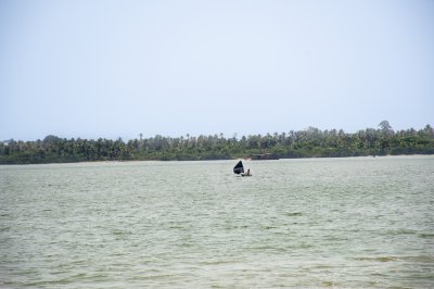 Pirogue à voile noire sur la lagune d'Abidjan – Nature tropicale et horizon paisible