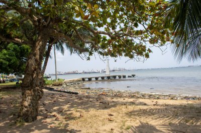 Vue panoramique de le port de Abidjan depuis un shaded plage