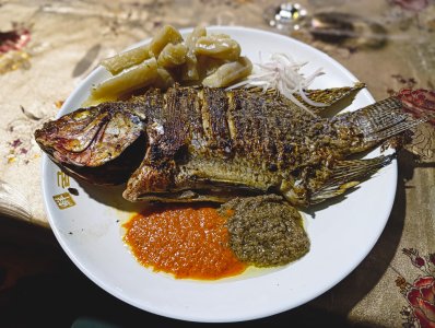 Braised carp camerounais style avec cassava sticks et sauces