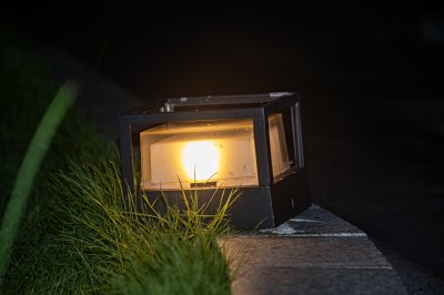 Jardin lampe éclairé à nuit avec vert grass à le foreground