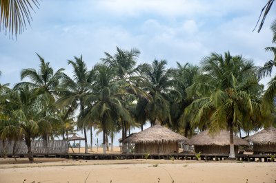 Tropical San Pedro plage avec cocotiers et traditionnel paillotes