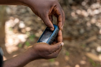 Farmer using un mobile device à plantations – numérique agriculture