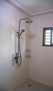 Moderne douche avec wall-mounted showerhead et light tiles