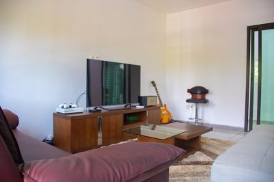 Moderne salon avec télévision, guitar, et elegant decor