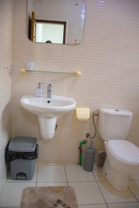 Functional salle de bain avec sink, toilettes, et wall miroir
