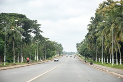 Yamoussoukro vert Avenue, Côte d'Ivoire – tropical road lined avec palmiers