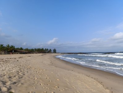 Superb plage à Côte d'Ivoire lined avec cocotiers et wooden en chaume paillotes face à le Atlantic océan.