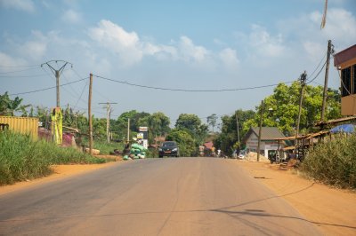Realistic photograph de un rural road à Cameroun, lined avec houses, tropical vegetation et small shops.