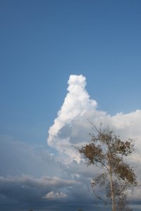 Vertical photograph de un lumineux ciel bleu dominated par un huge white nuage à le shape de un mountain