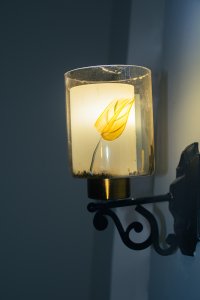 Artistic photograph de un frosted glass wall lampe avec un illuminé yellow fleur pattern