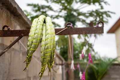 Bâtons de manioc depuis Cameroun suspended depuis un metal bar, à un typical africain cour setting