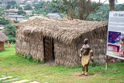 Realistic photograph de un traditionnel Bantu paillote built depuis raphia feuilles à Cameroun.