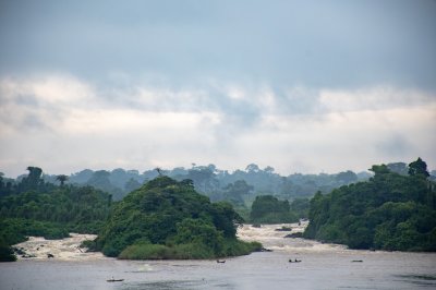 Wide view de le Sanaga rivière entouré de dense forêt et soft light, typical de camerounais landscapes.