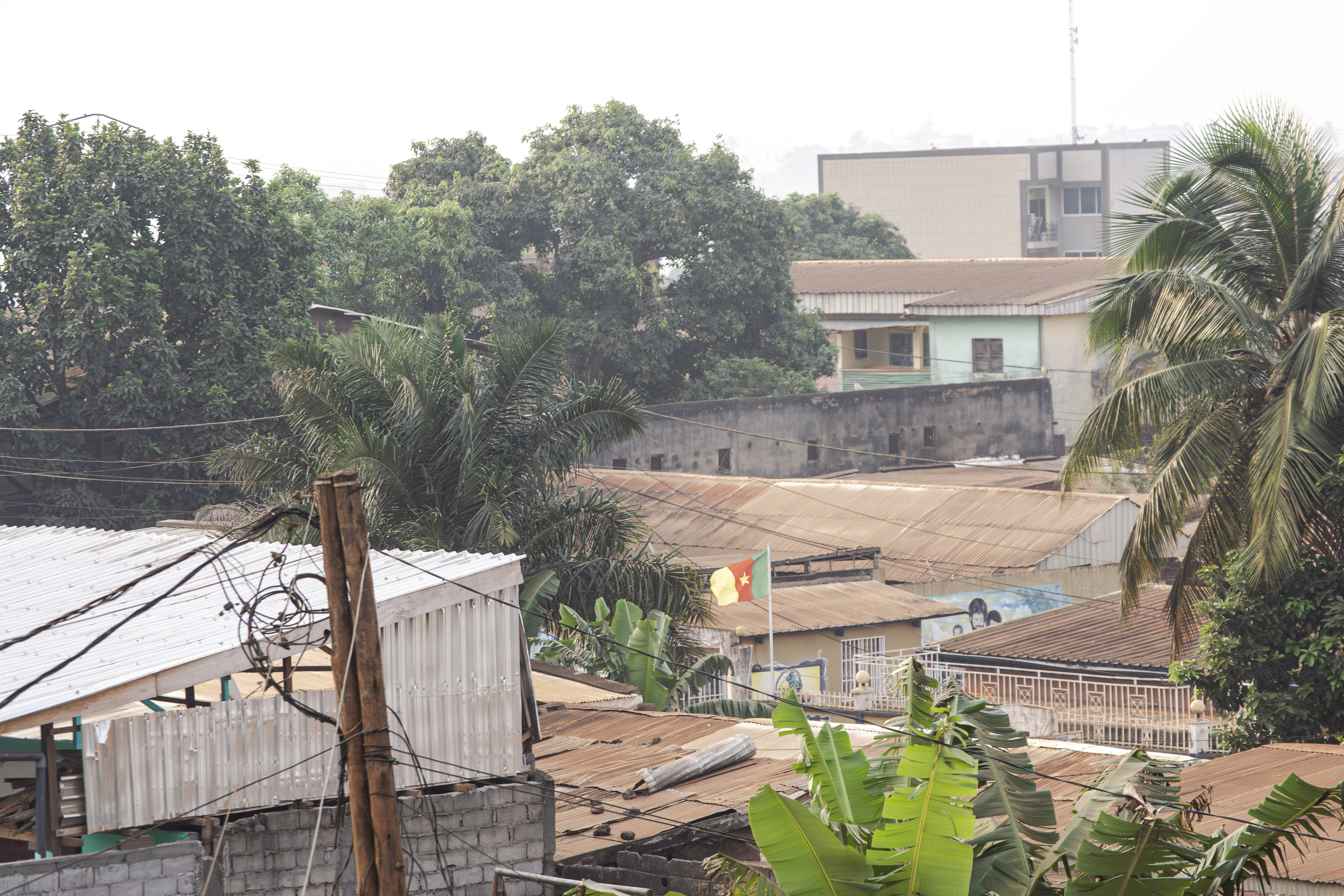 Drapeau du Cameroun au milieu de le toits de un quartier à Yaounde, Cameroun.