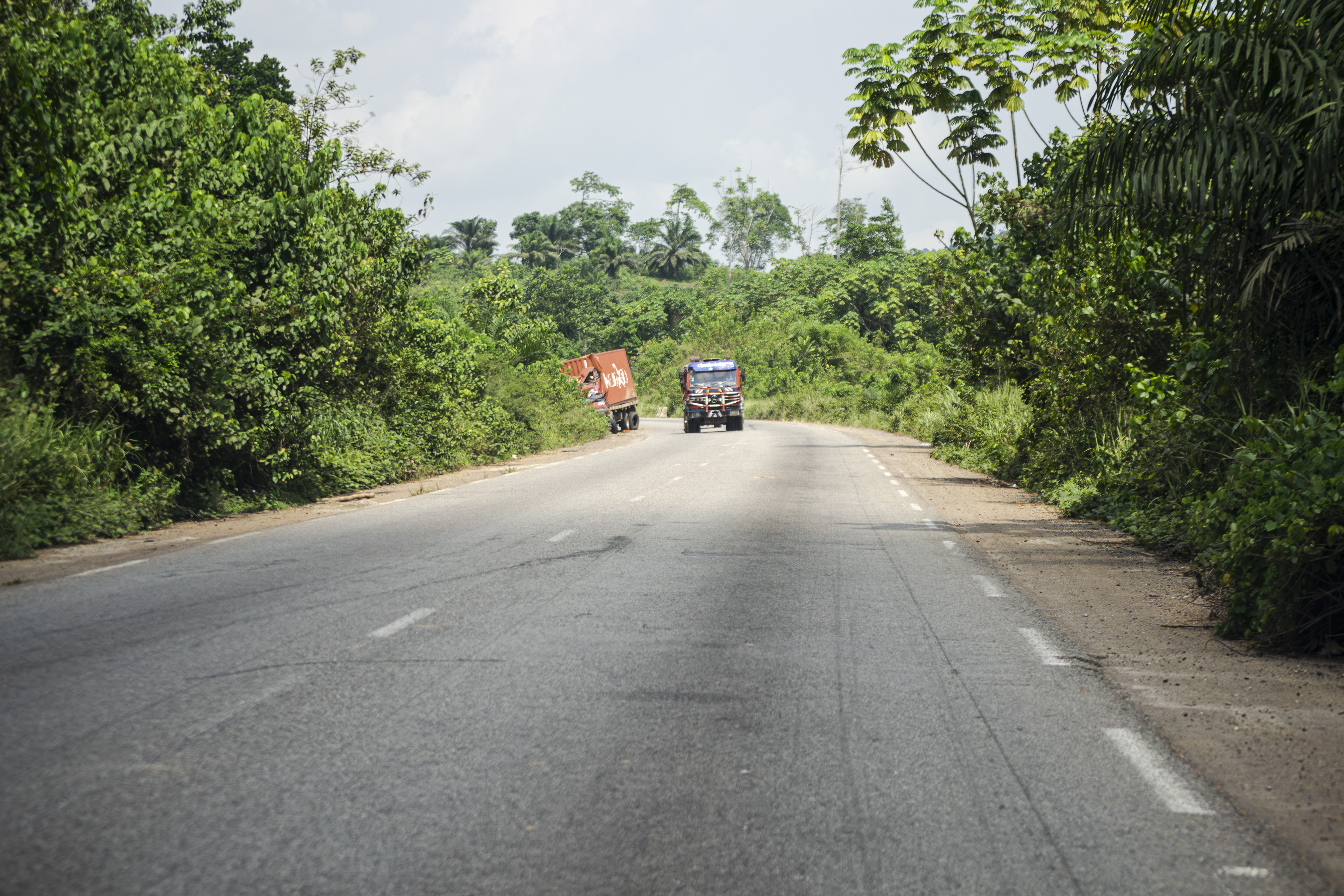 Route nationale yaounde - douala bordée de hautes herbes avec un Camion sur le road à Cameroun