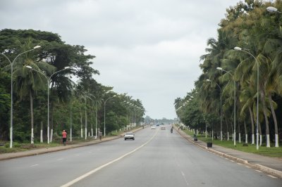 Bordé de palmiers chemin sur un rue à Yamoussoukro, Côte d'Ivoire 01