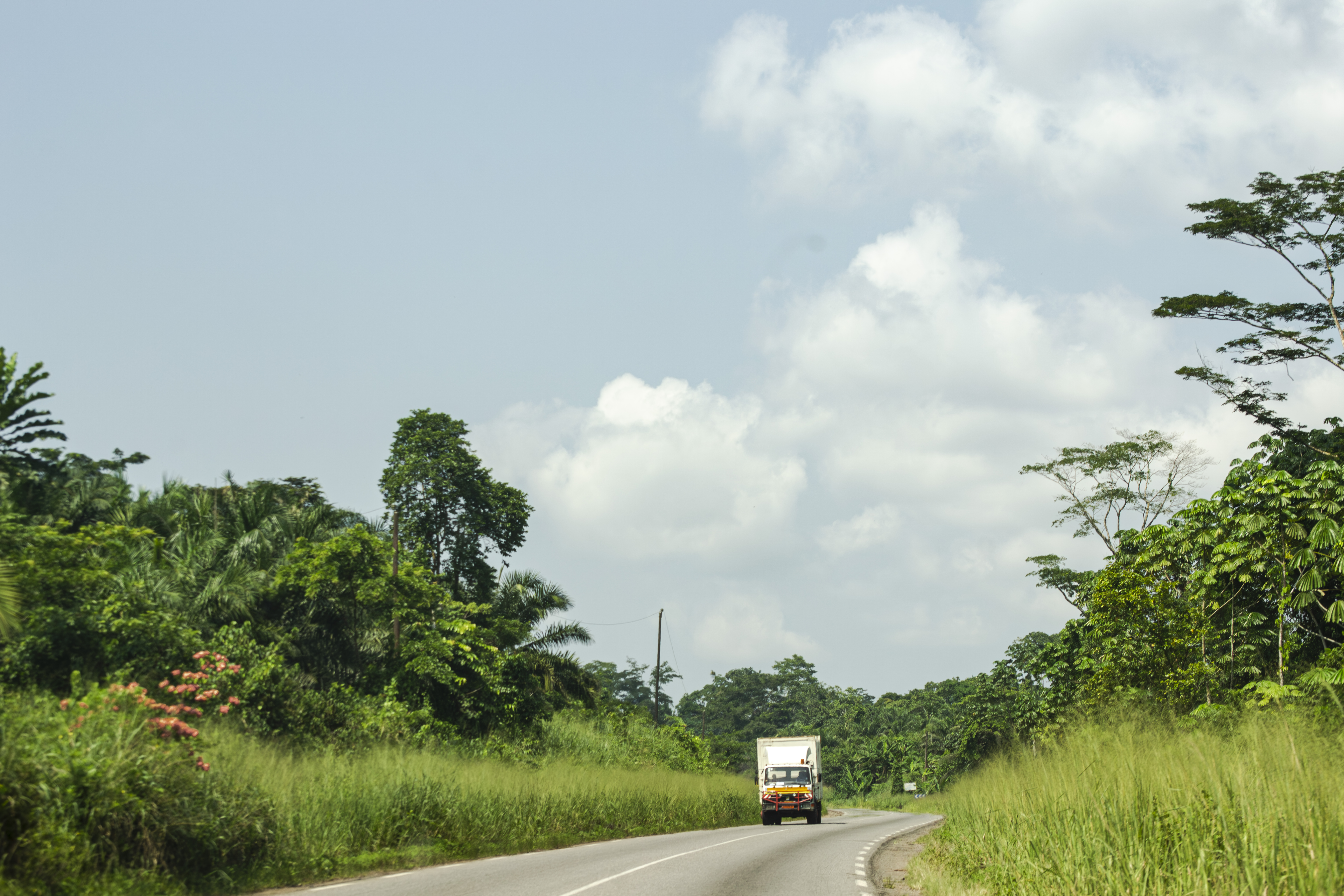 Camion roulant sous un ciel bleu sur un route déserte bordée de verdure à Cameroun