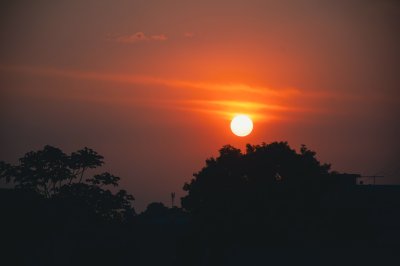 Beau coucher de soleil orangé avec silhouetted trees sur Abidjan